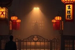 雨夜码头边的旧木船与昏黄路灯