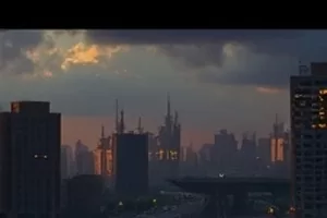 古时街市灯笼高挂，檐角挂着木制座钟